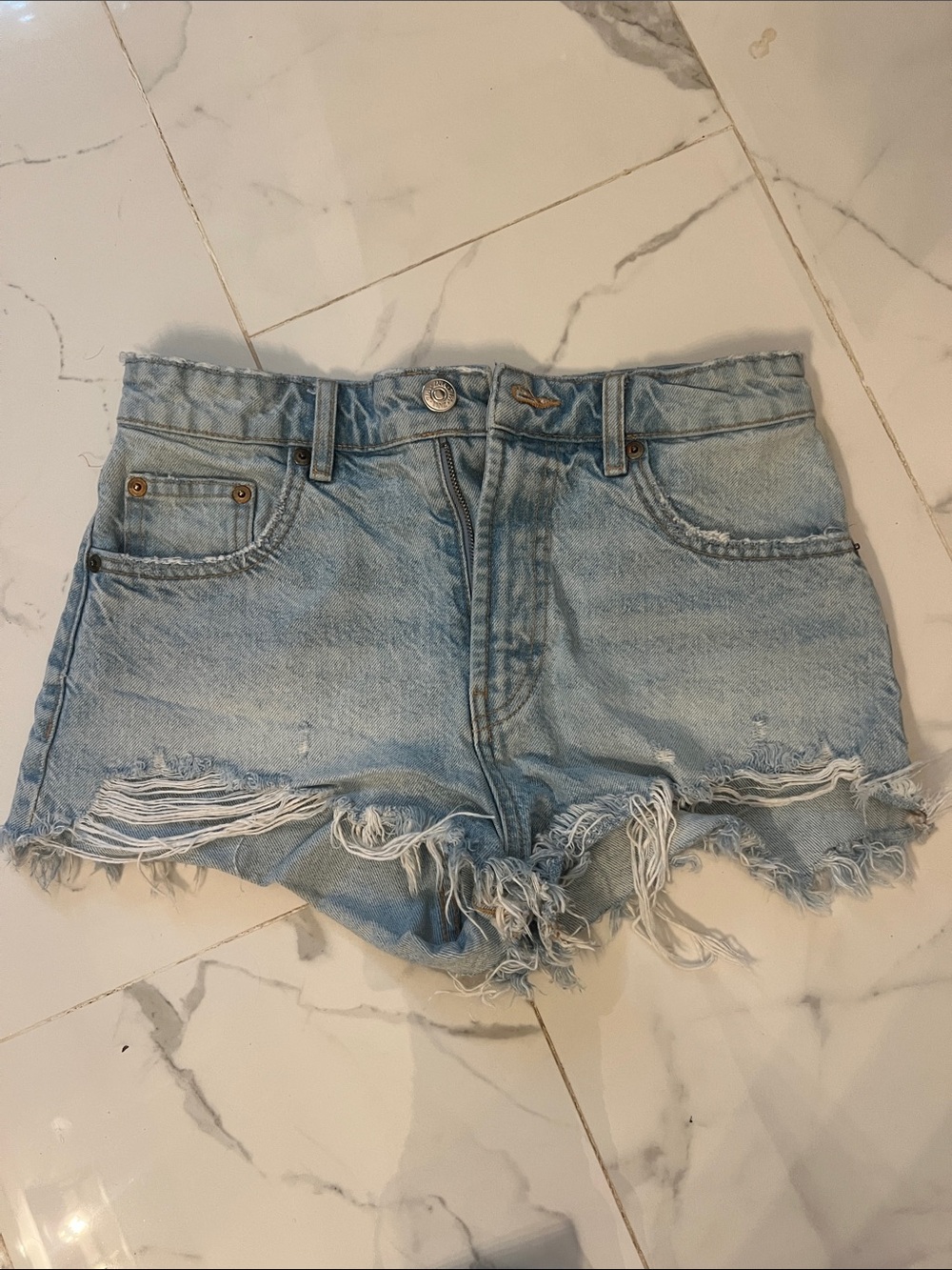 Zara Light Blue Distressed Frayed Hem Denim Shorts - Women